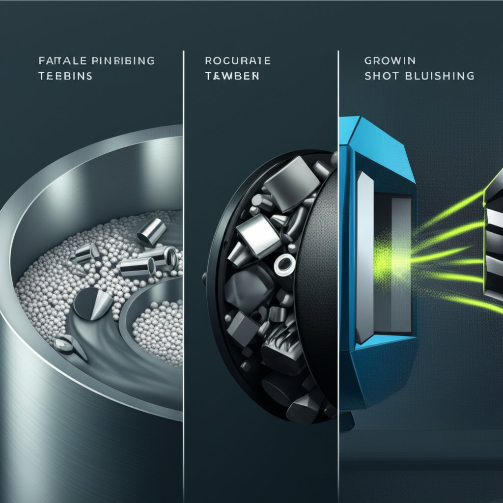 diagram illustrating the mechanics of vibratory tumbling and shot blasting deburring methods