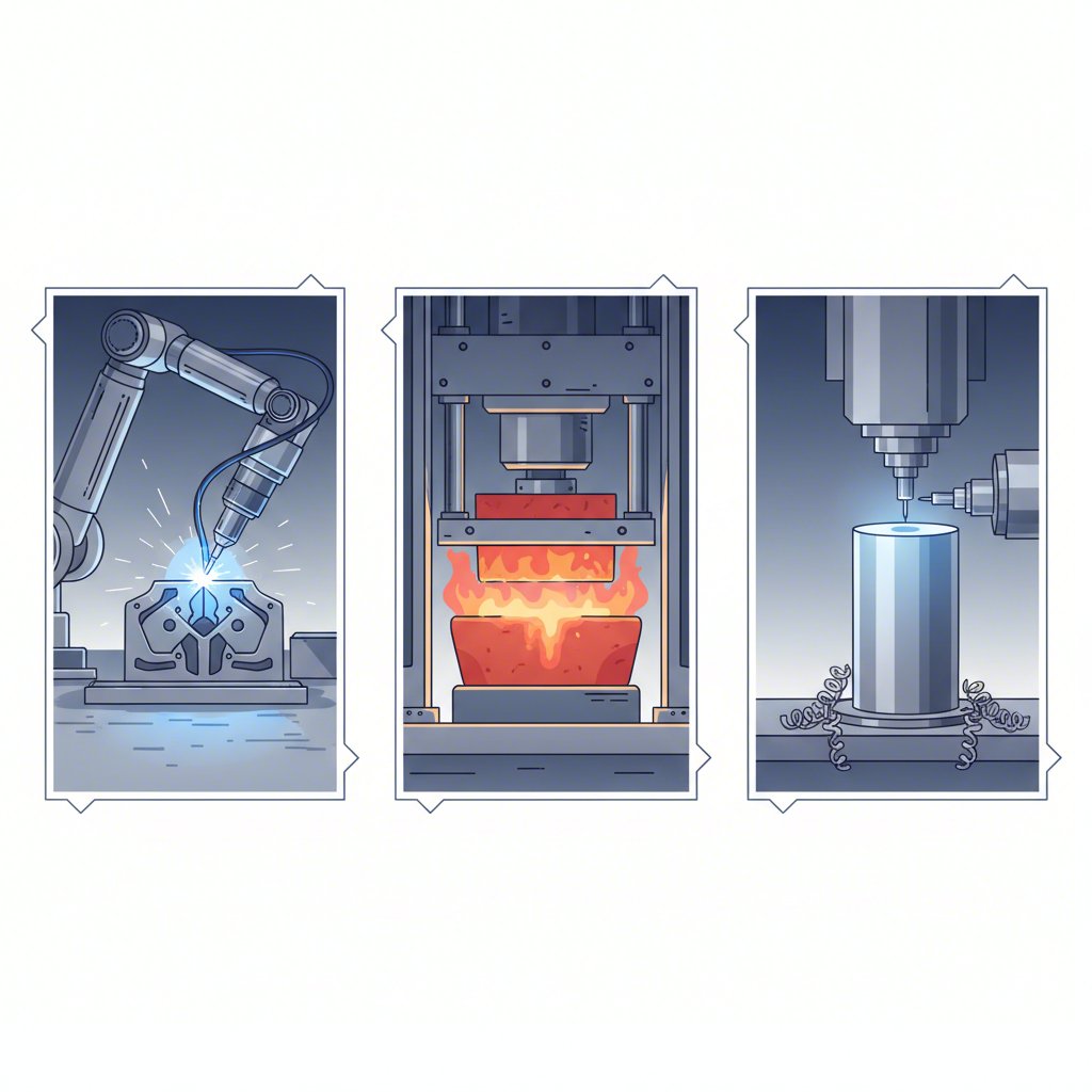 infographic illustrating stamping forging and cnc machining for automotive parts