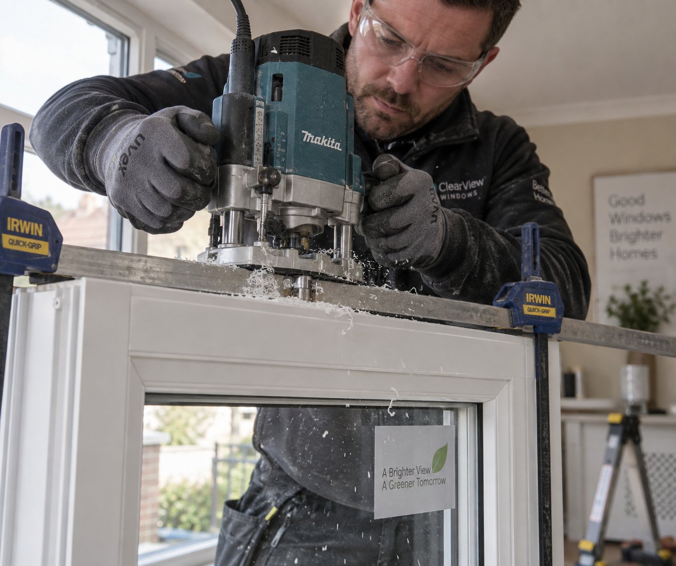 a professional installer routing a trickle vent slot into a window frame head using a plunge router and straight edge guide