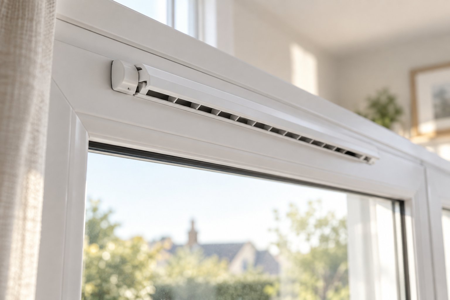 a trickle vent fitted into the head of a upvc window frame showing the slim ventilation slot that provides controlled background airflow