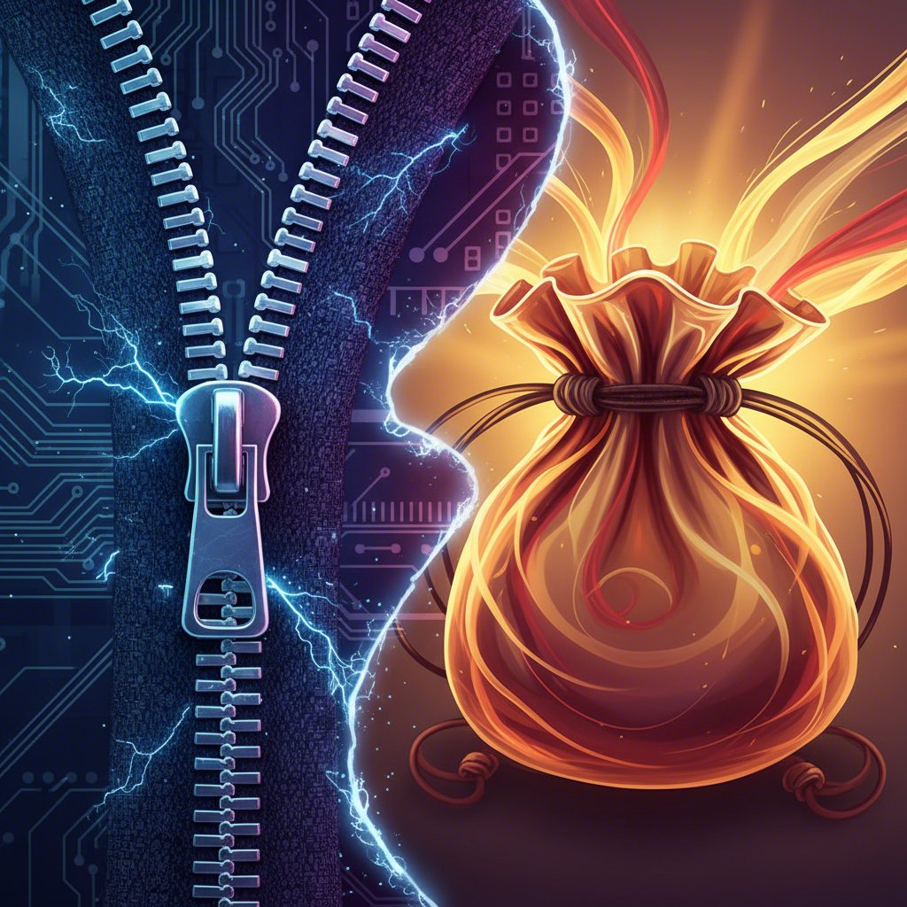 conceptual art comparing the security of a zipper with the speed of a drawstring