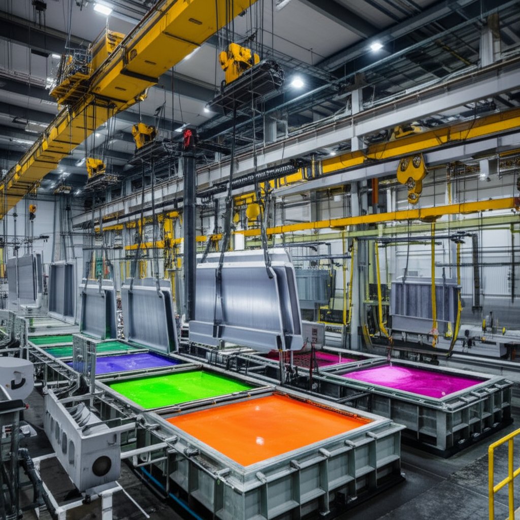 industrial anodizing line with aluminum parts immersed in process tanks