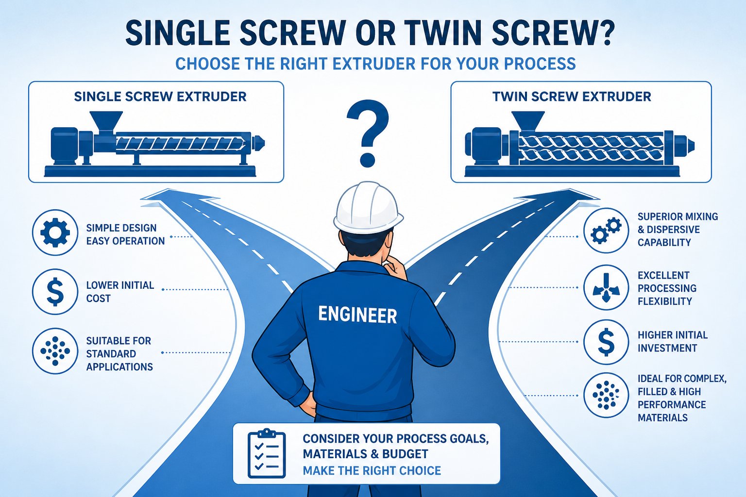 engineer evaluating the decision path between single screw and twin screw extruder platforms for production applications