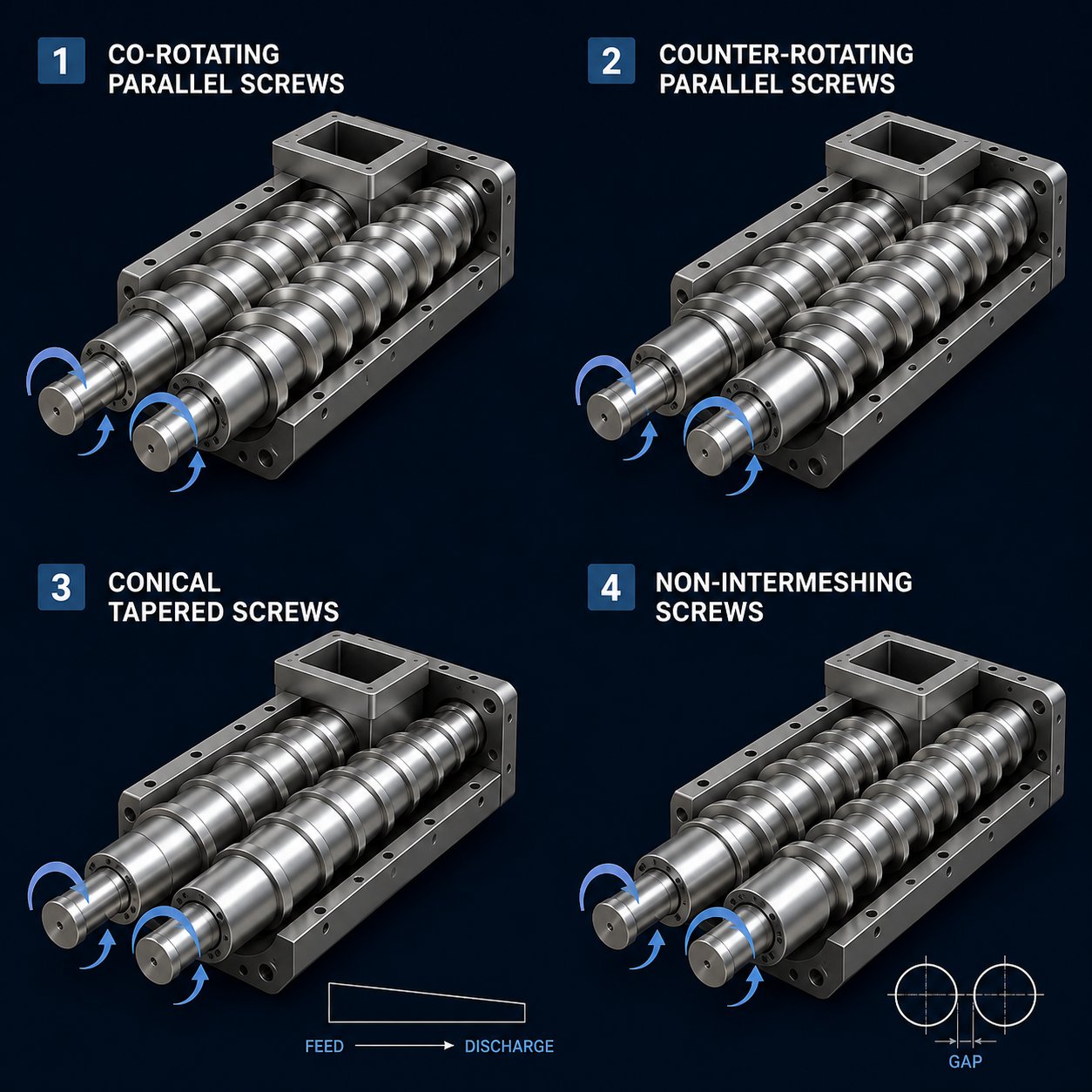 four twin screw extruder configurations co rotating counter rotating conical and non intermeshing layouts