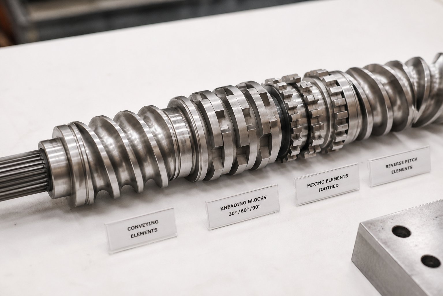 modular twin screw elements including conveying segments kneading blocks and mixing elements on a splined shaft