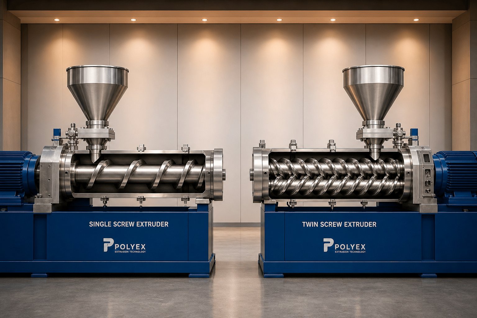 side by side view of single screw and twin screw extruder configurations showing internal screw geometry differences