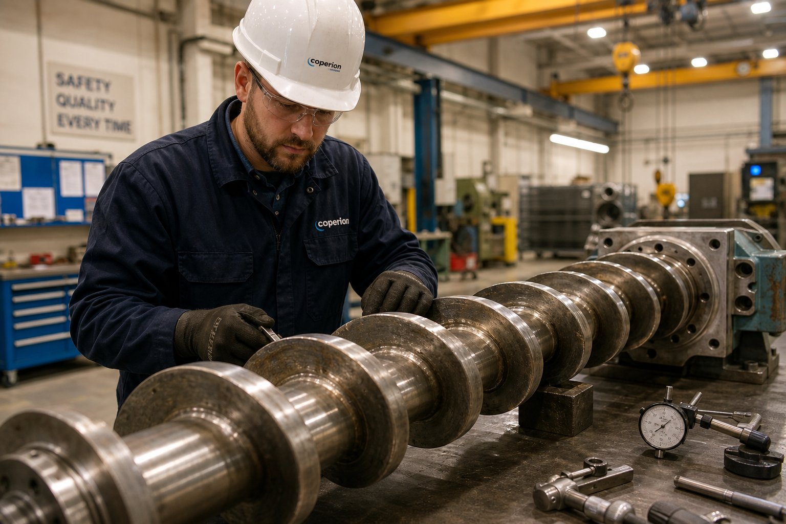 technician inspecting extruder screw wear patterns during scheduled maintenance in an industrial facility