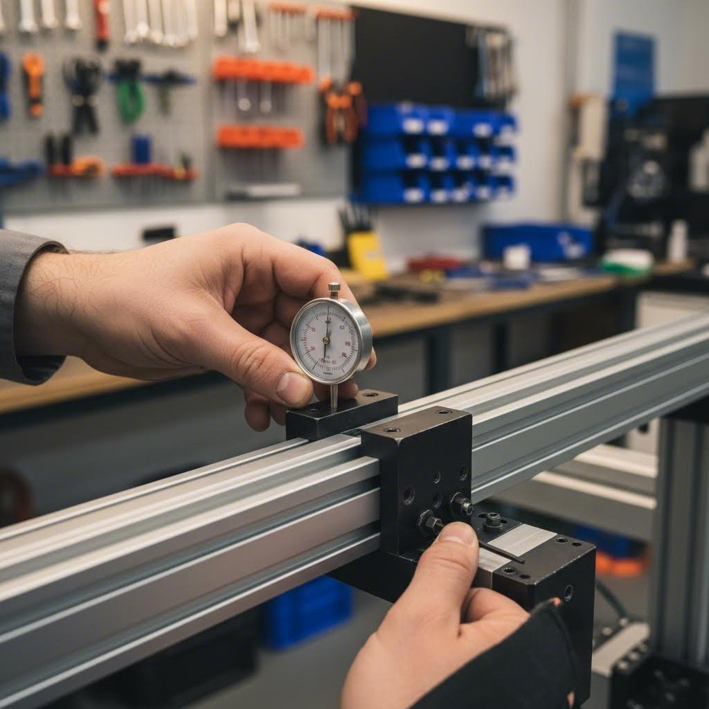 engineer aligning linear rail on aluminum extrusion frame using precision measurement tools