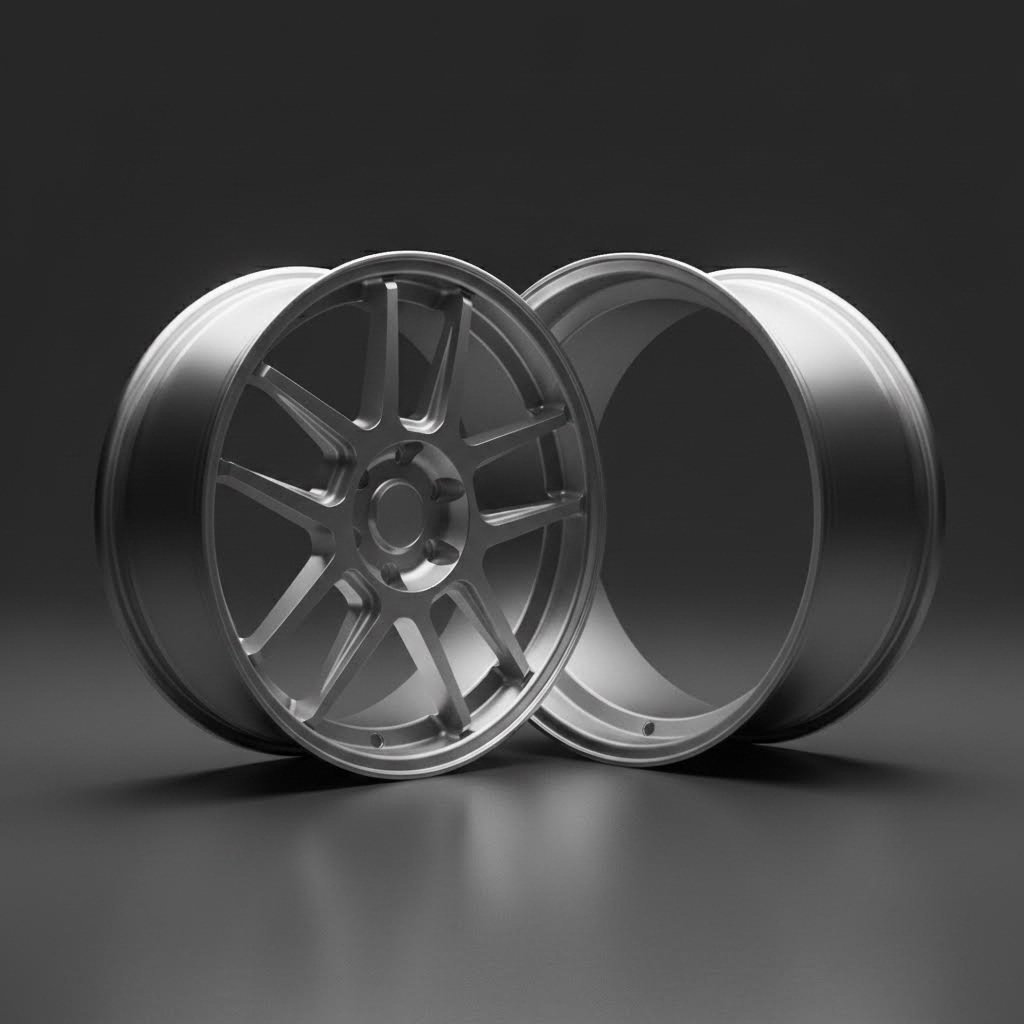 three piece forged wheel construction showing modular components
