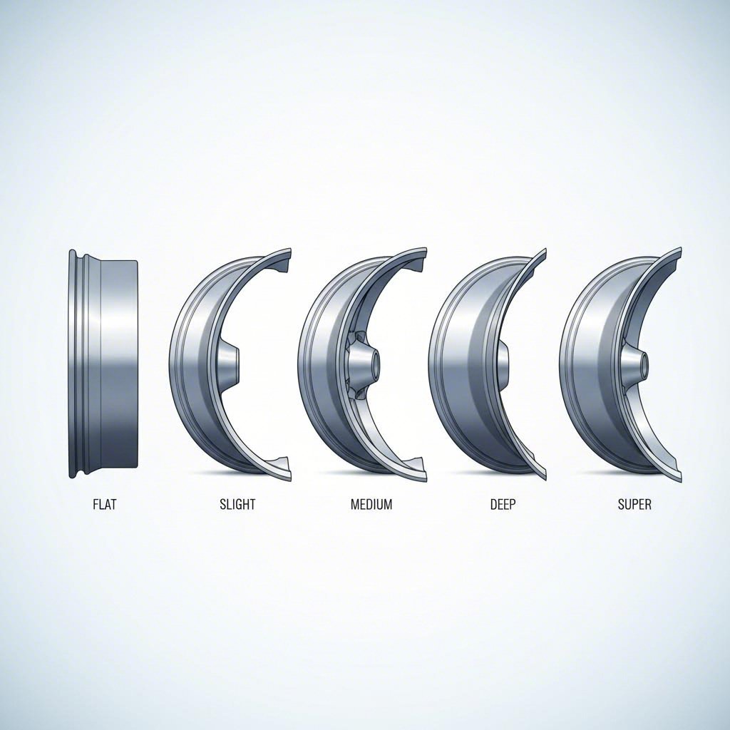 visual comparison of five wheel concavity levels from flat face to super concave