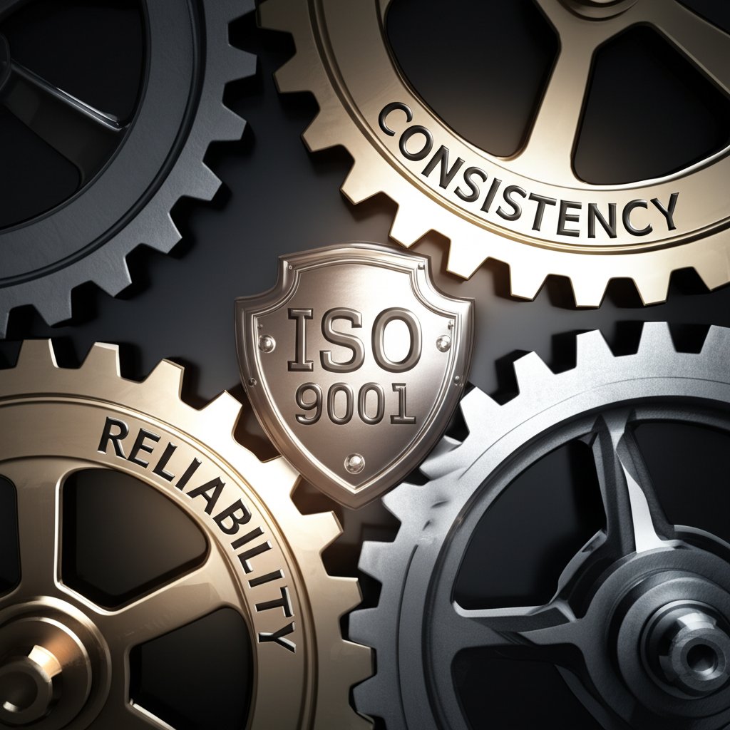 metaphorical image of interlocking gears representing the benefits of iso 9001 certification