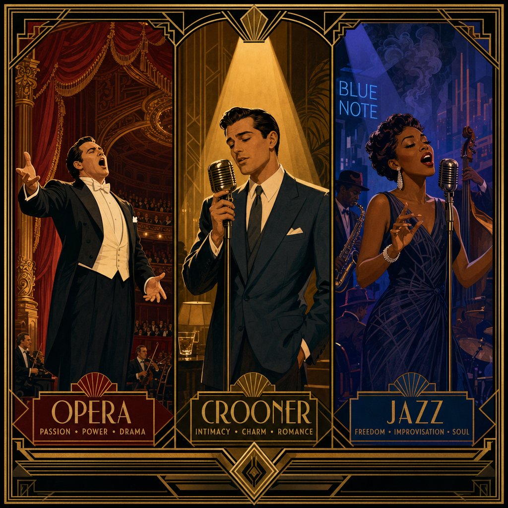 crooning occupies a unique space between the power of opera and the improvisation of jazz singing