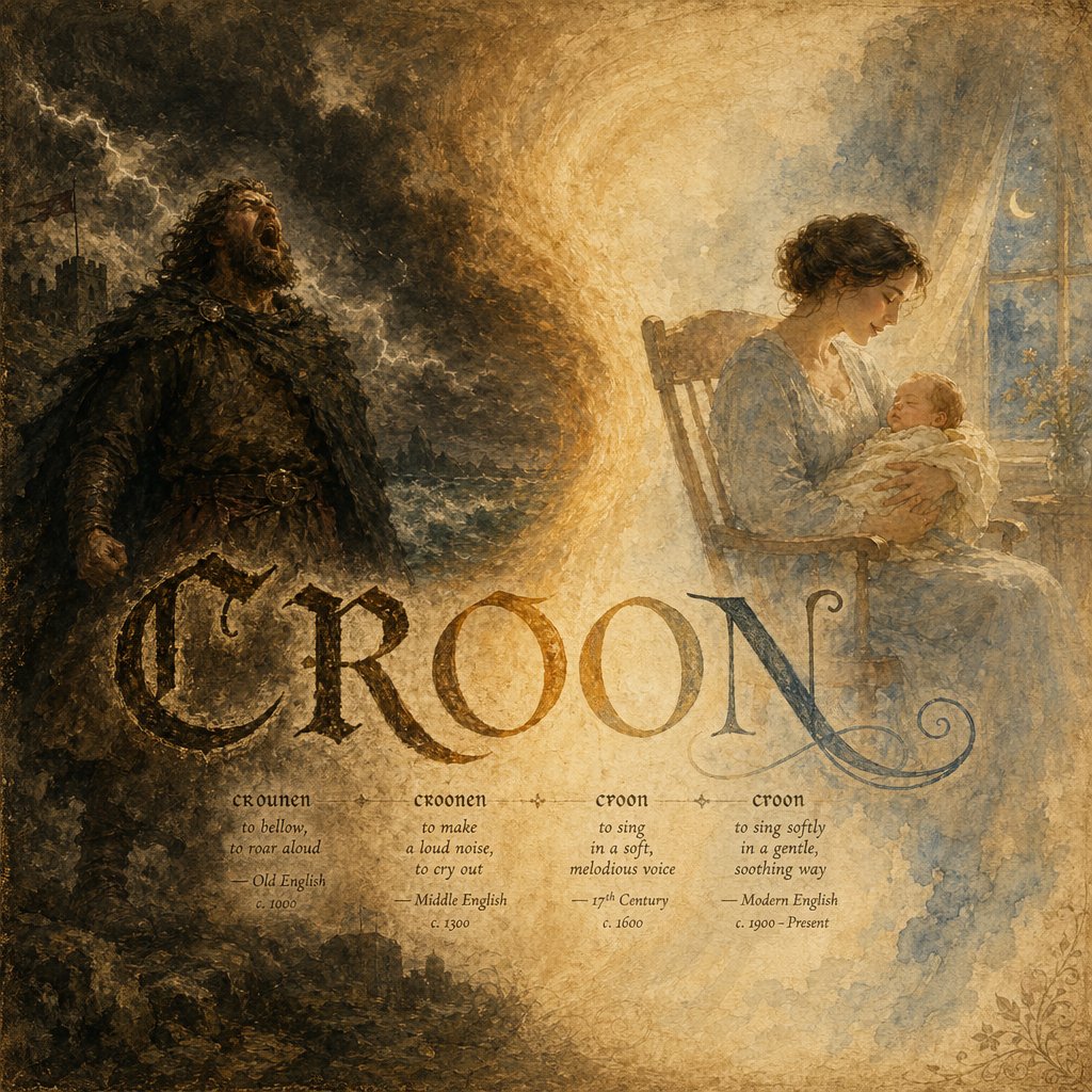 the word croon evolved from meaning a loud bellow to describing the softest most tender form of singing