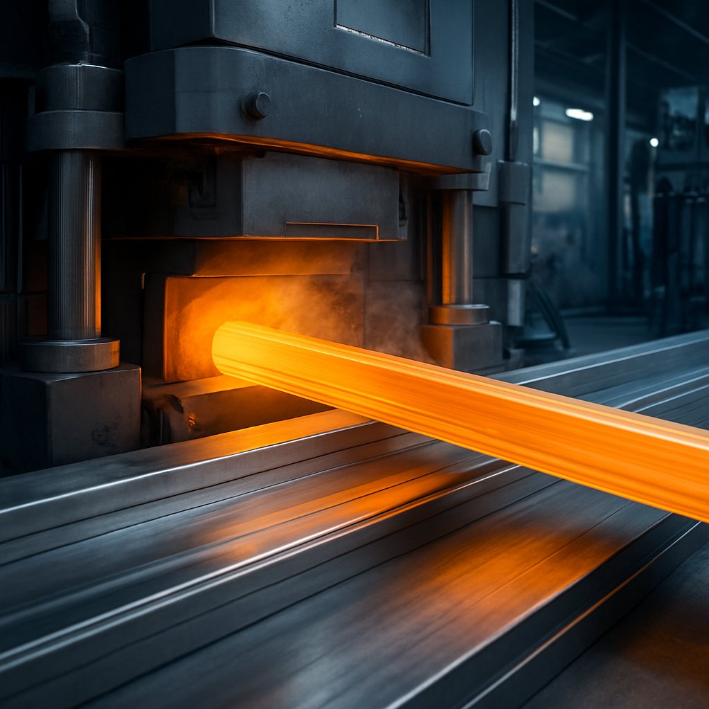 aluminum extrusion press forming a long profile from a heated billet