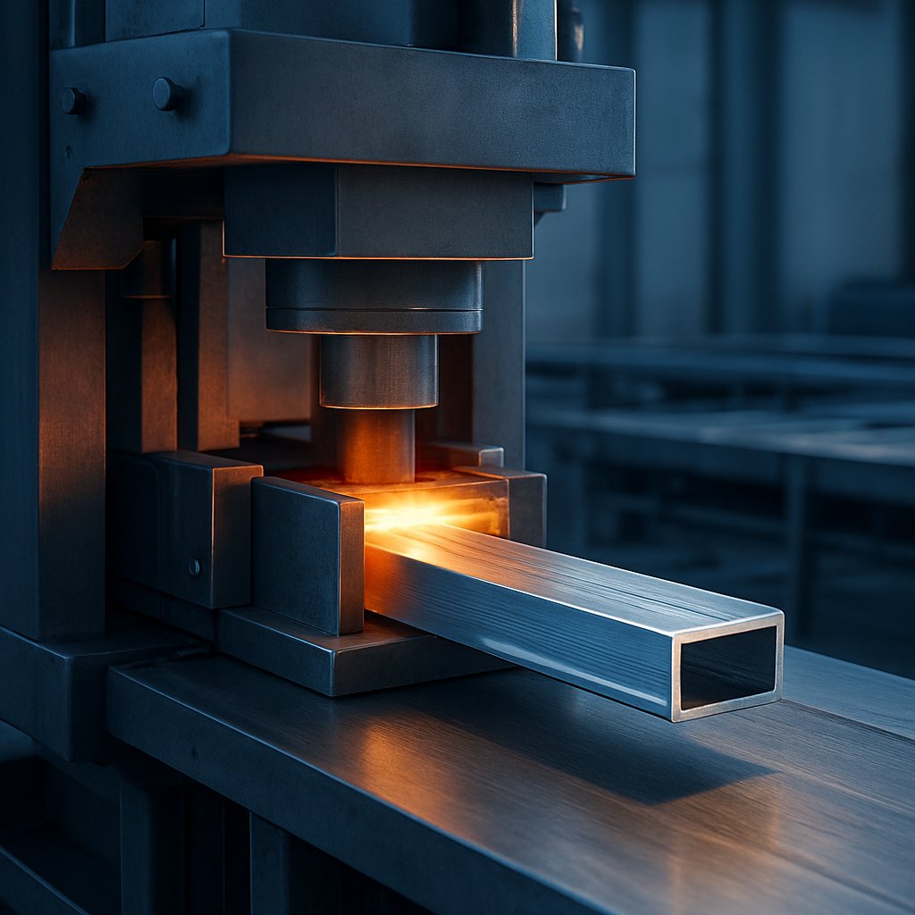 aluminum extrusion press pushing a heated billet through a die