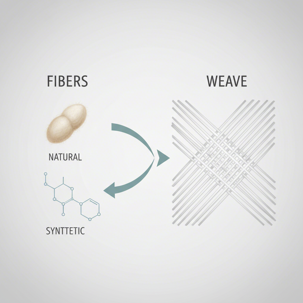 a diagram explaining that satin is a weave made from different fibers like silk or polyester