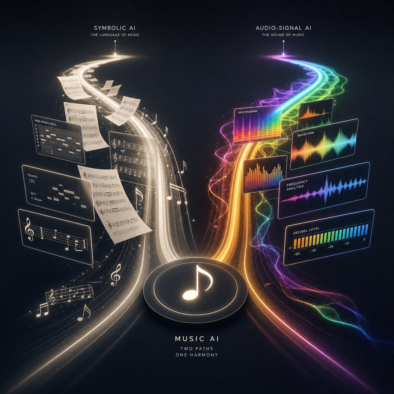 symbolic ai reads music as written notation while audio signal ai processes raw sound waves