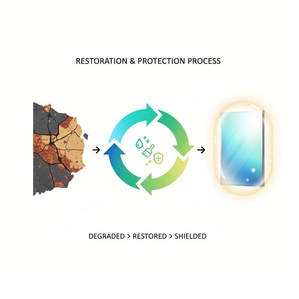 Conceptual diagram demonstrating the transformation from a vulnerable textured surface to a sealed protective barrier