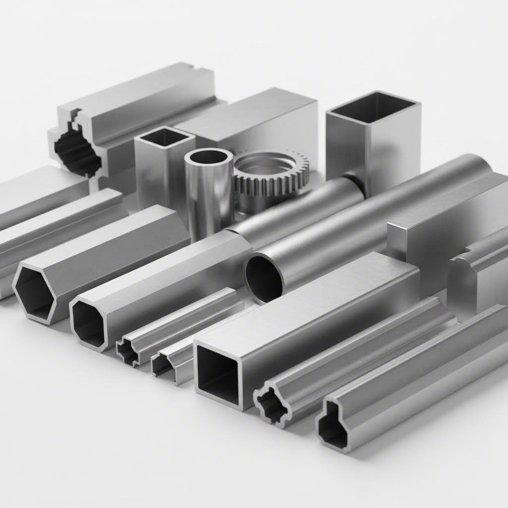 different aluminum alloy profiles showcasing varied finishes and cross sections