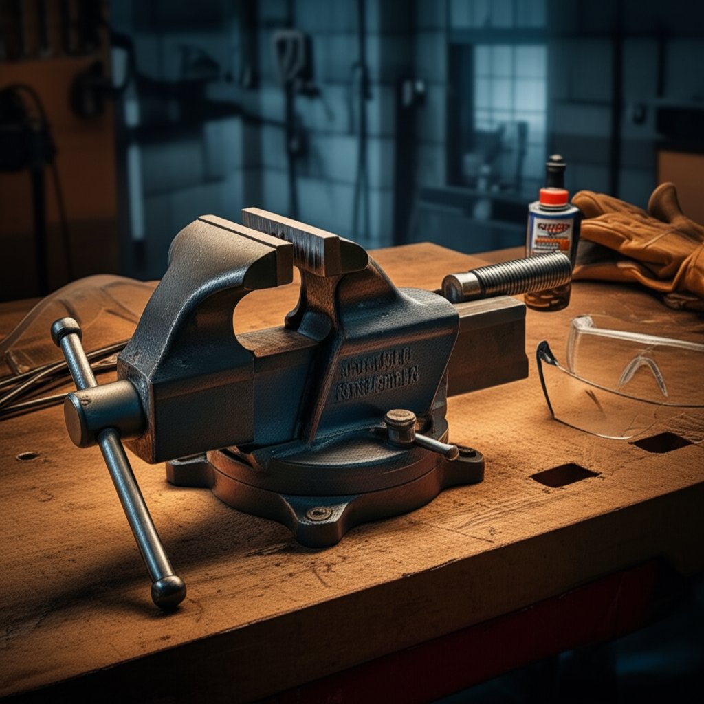 workbench setup with die stock tool and rod ready for threading