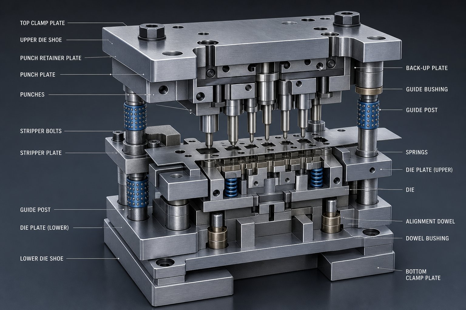 cross section of a stamping die assembly showing how structural cutting and guiding components work together as an integrated system