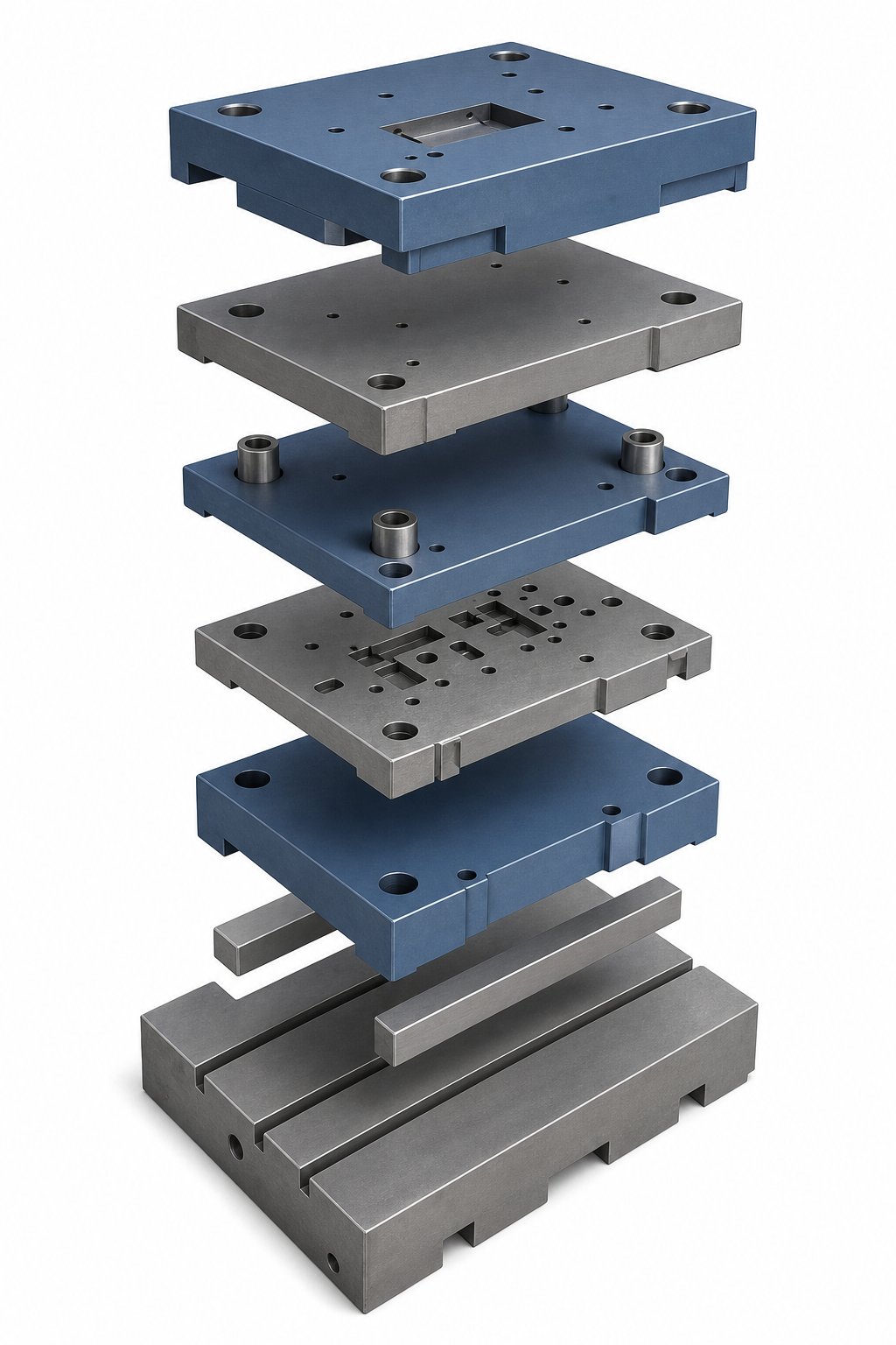 exploded view of stamping die structural layers including die shoes backing plates retainer plates and parallels