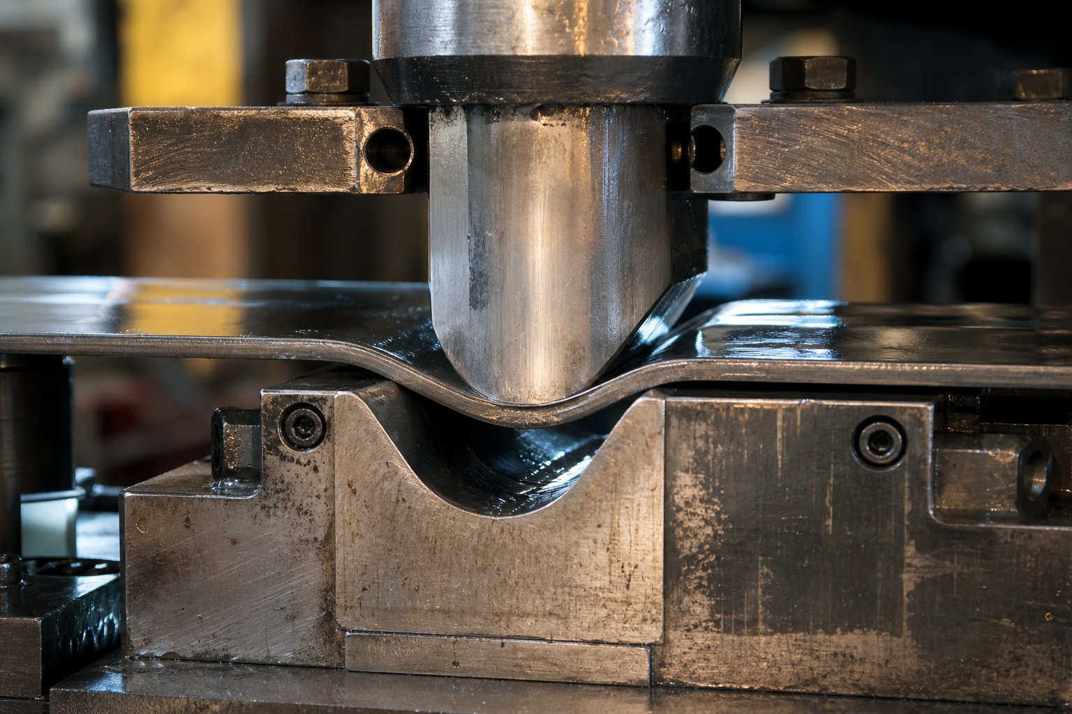forming punch and pressure pad working together to plastically deform sheet metal into a controlled shape