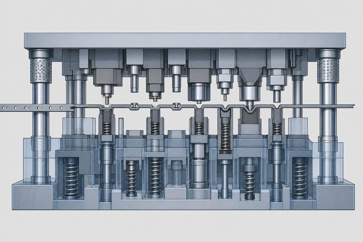 spring loaded lifters raising a strip above the die surface with bypass notches providing clearance for formed features