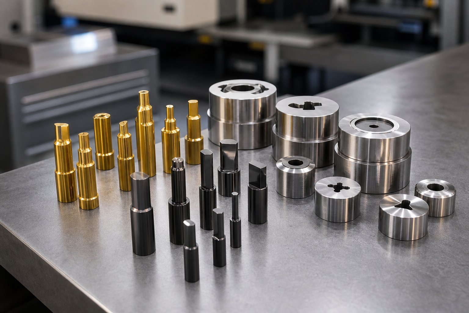 stamping die components with different surface coatings including tin dlc and polished tool steel for varied applications