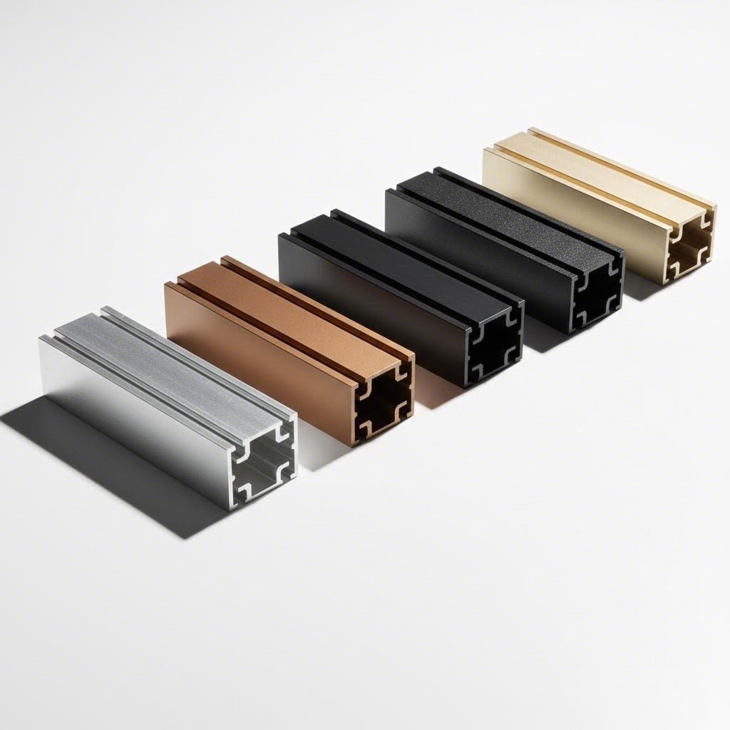 aluminum extrusion samples displaying various anodized and powder coated surface finishes