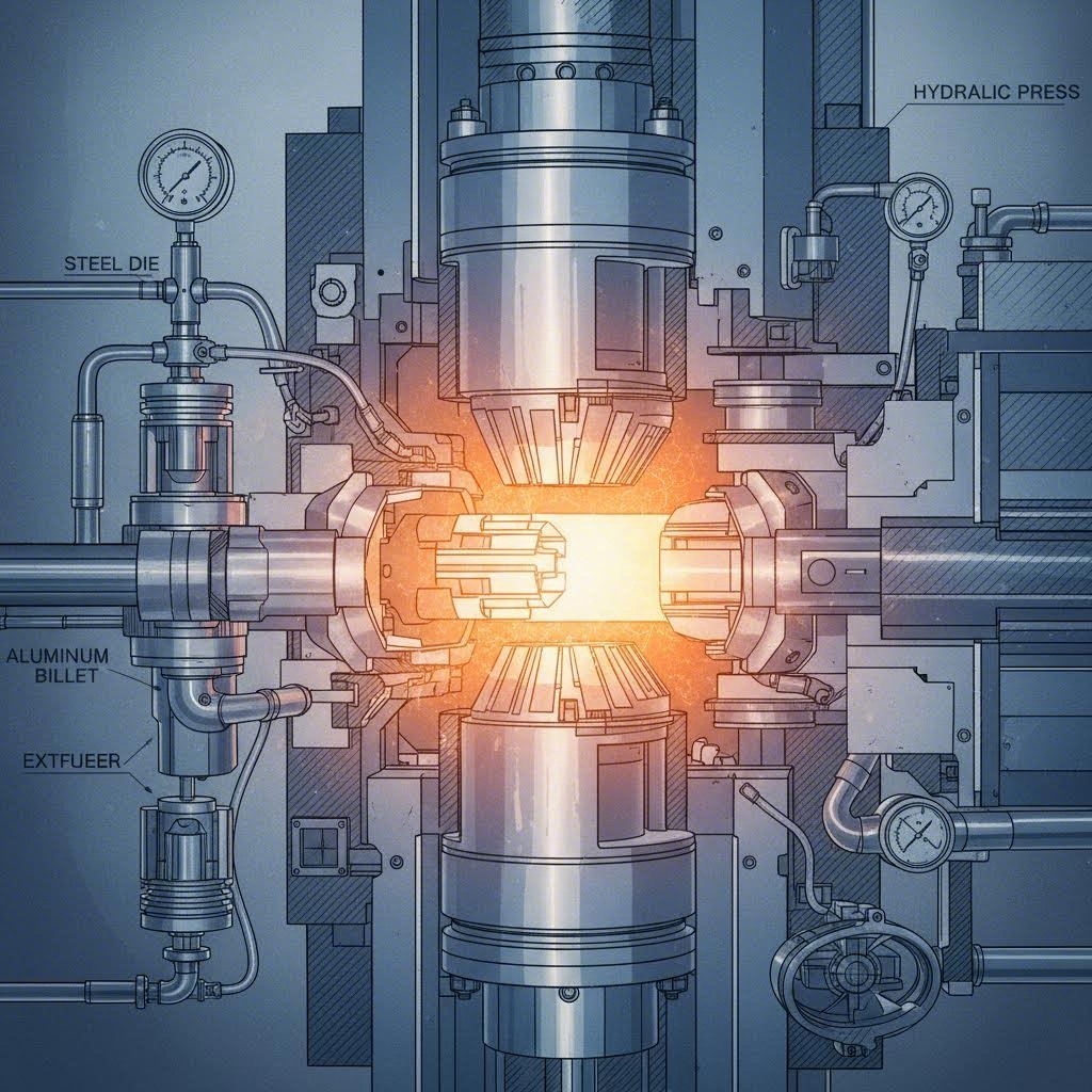 cross section view of the aluminum extrusion process as heated billet flows through the die