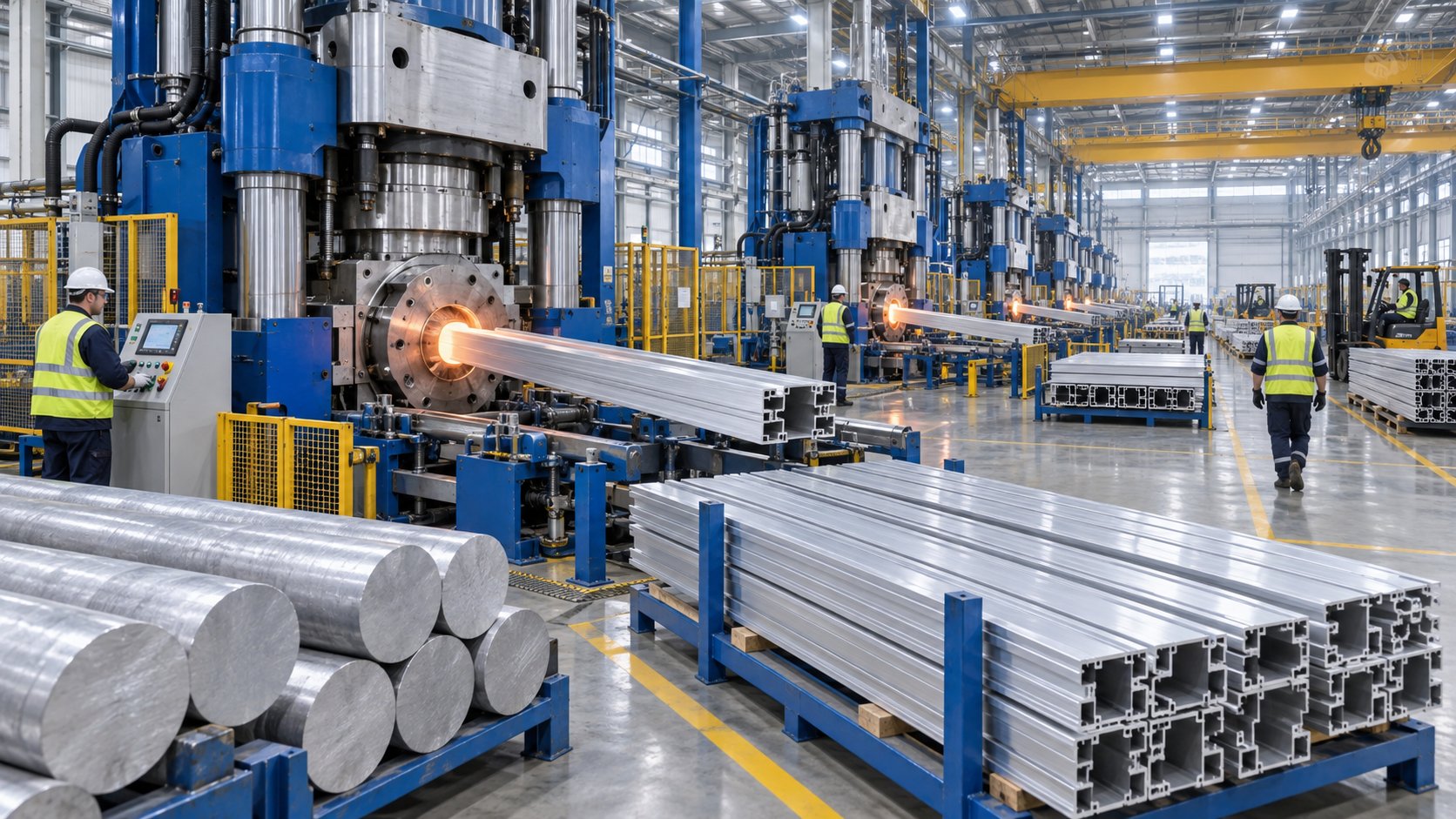 modern aluminum extrusion facility with multiple hydraulic presses and precision equipment