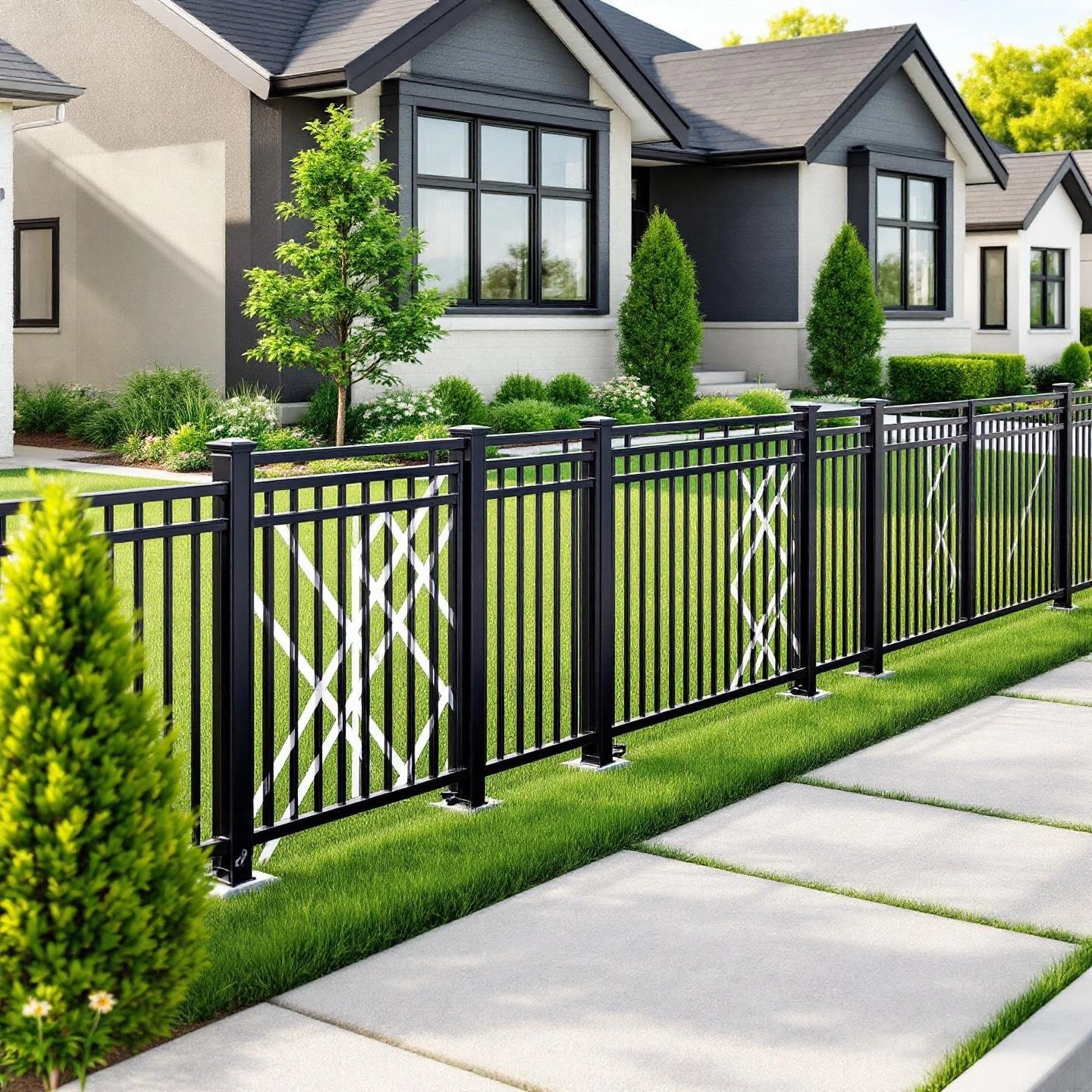 modern property featuring stylish aluminum fence panels in a landscaped setting