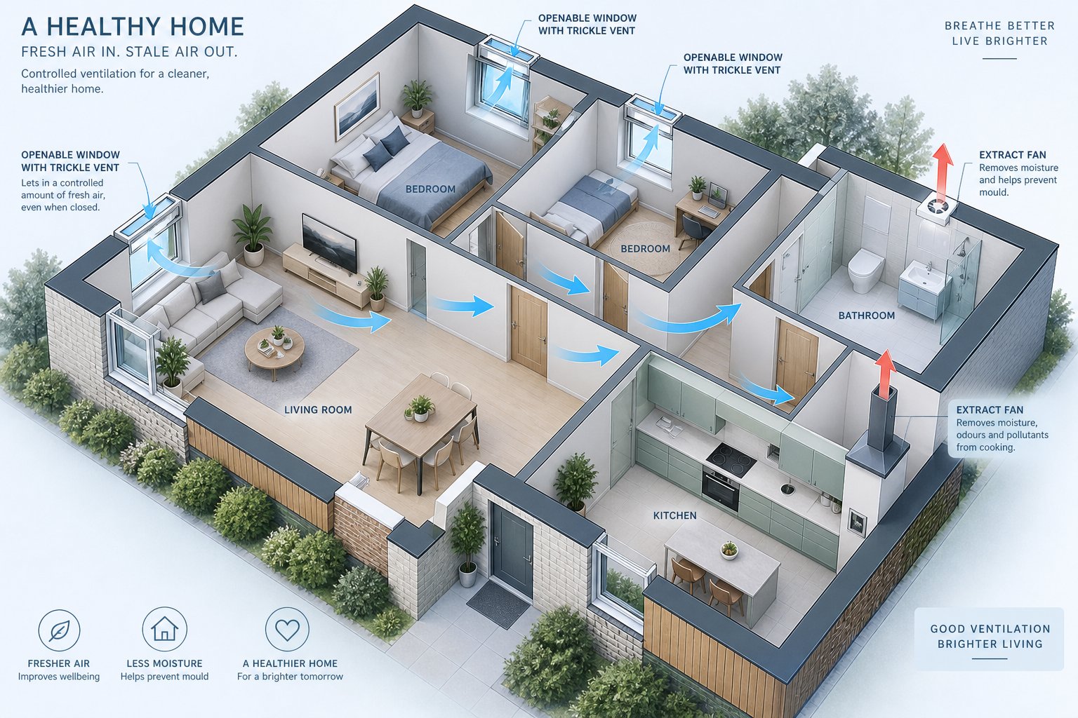 cross section view of a modern dwelling showing approved document f ventilation pathways through trickle vents and extract fans