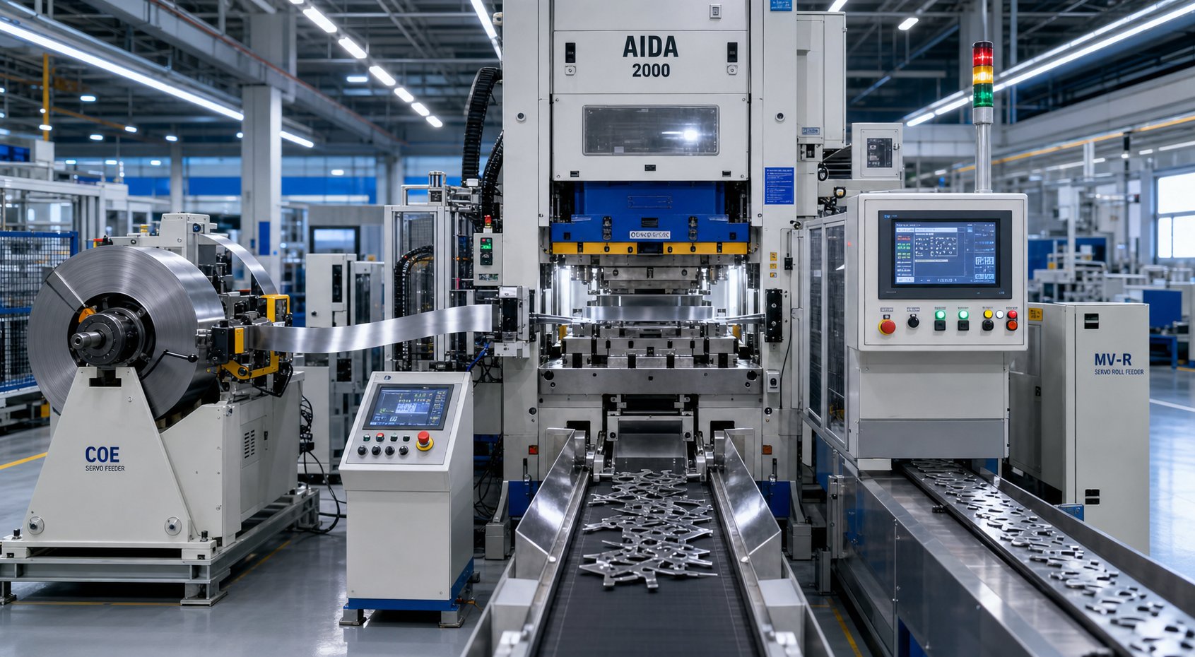 a fully automated progressive die stamping cell with servo feed in die sensors and scrap removal for lights out production