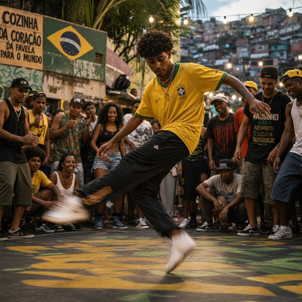 a passinho dancer performing rapid footwork at a community battle the viral dance style born in rio baile funk scene