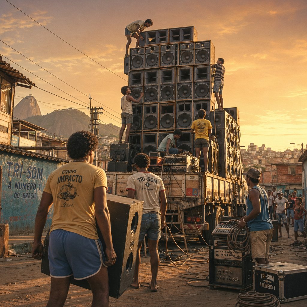 a sound system crew stacking speakers for a funk party in 1980s rio de janeiro the infrastructure that built the genre