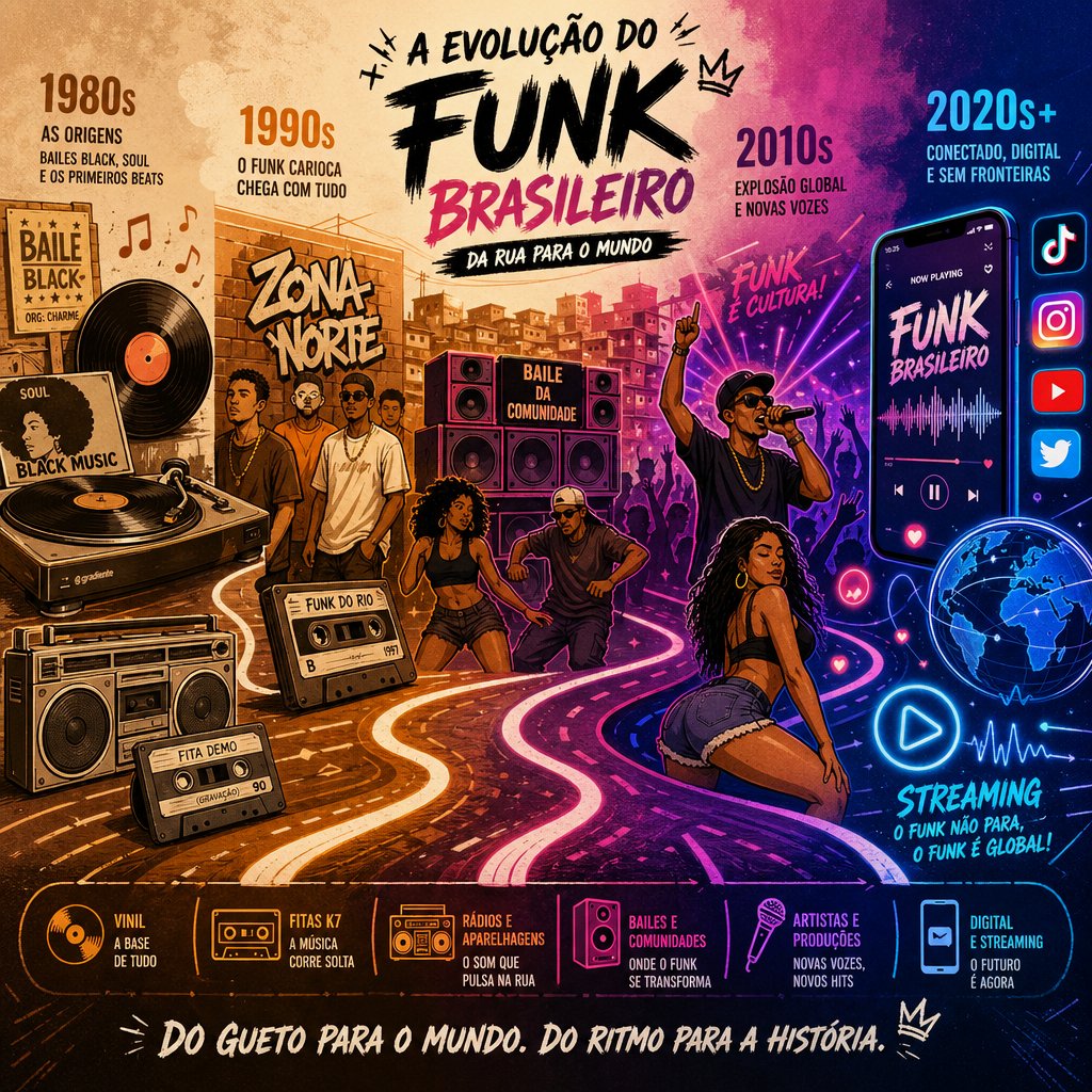 a visual timeline of funk carioca evolution from vinyl era sound systems to the global streaming age