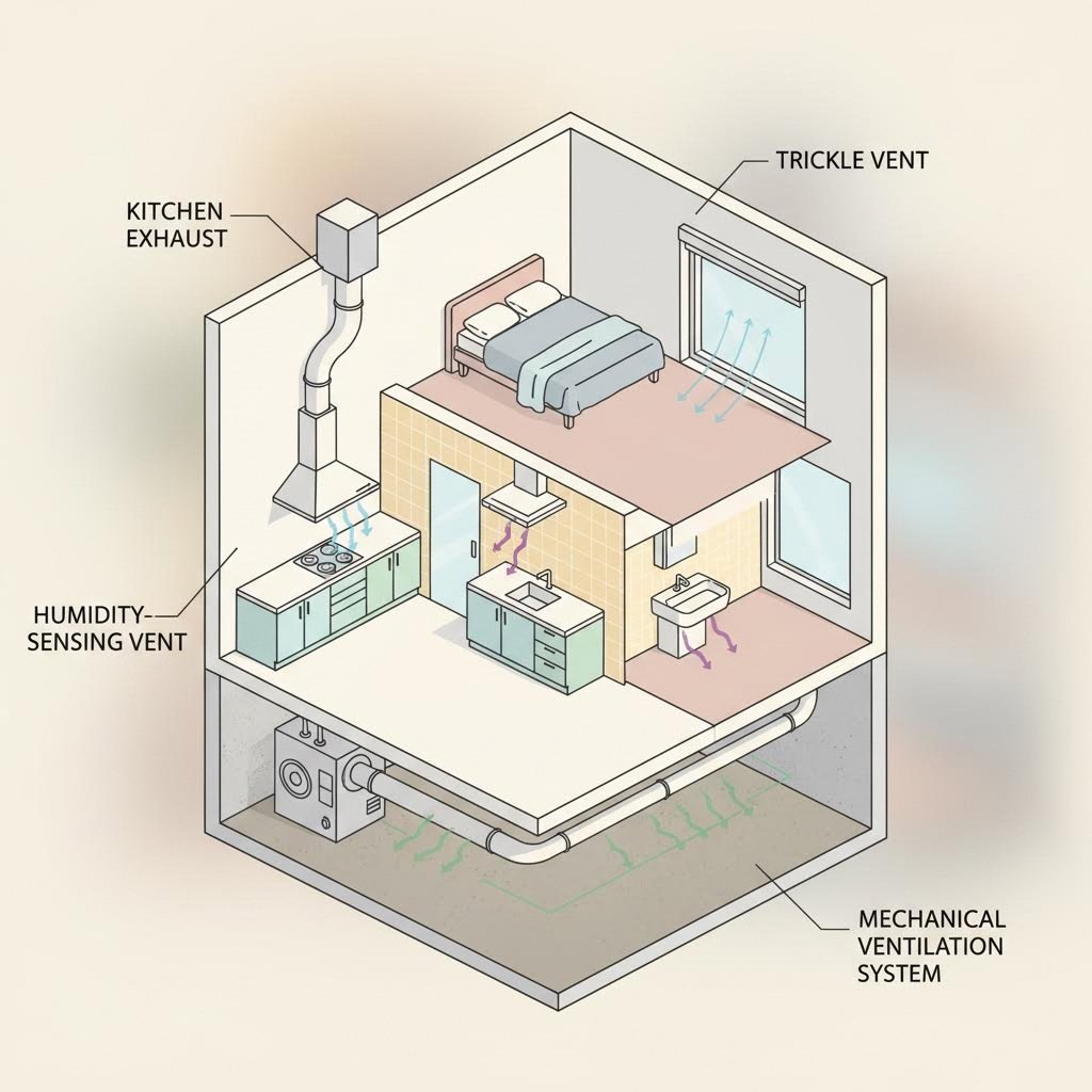 strategic window vent placement varies by room based on moisture levels and occupancy patterns