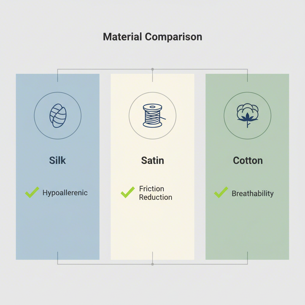 infographic comparing the key benefits of silk satin and cotton for sleep masks