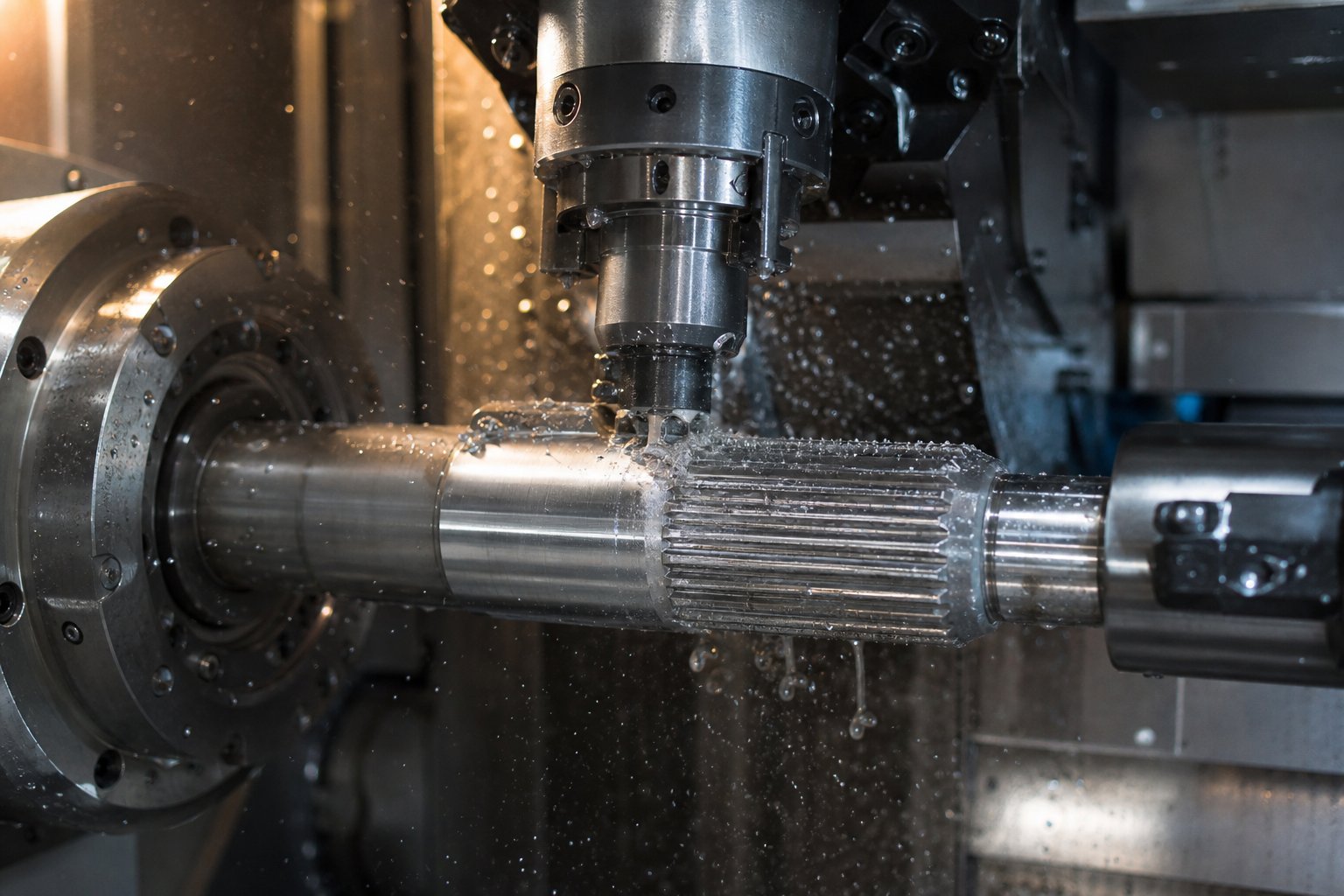 cnc machining process forming spline teeth on a twin screw extruder shaft from solid bar stock