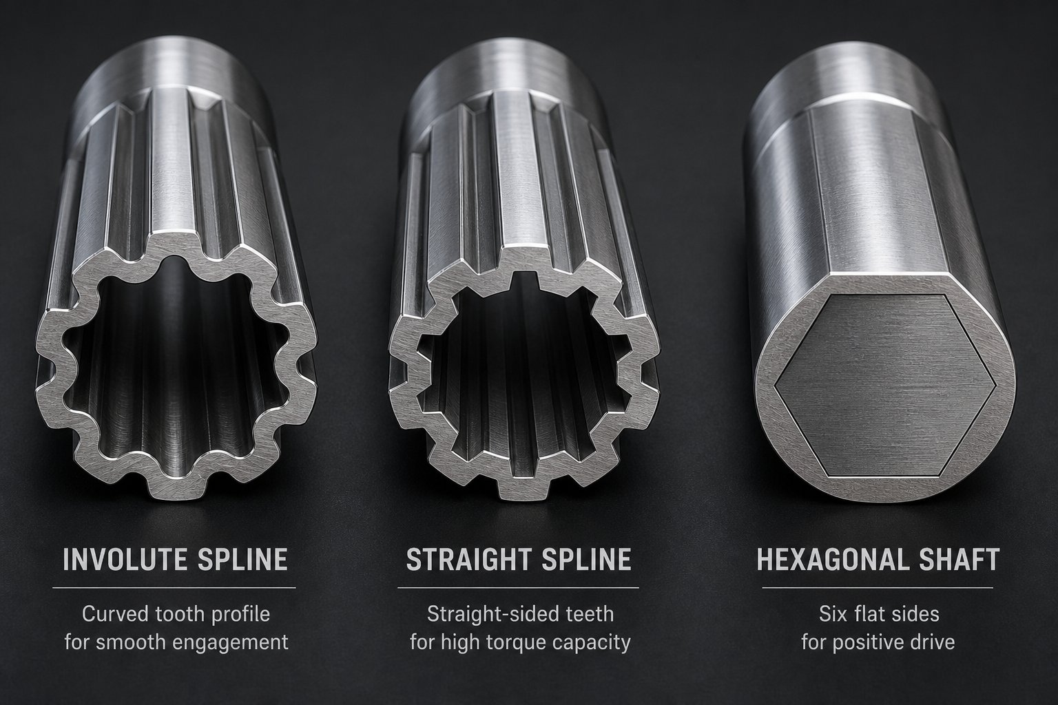 cross section comparison of involute straight sided and hexagonal extruder shaft spline profiles