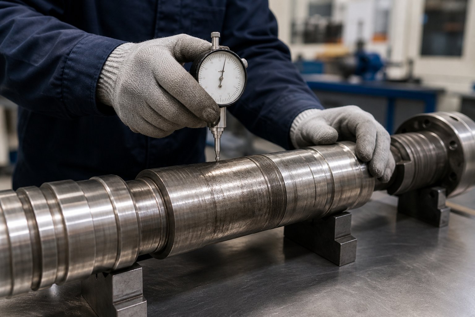 maintenance engineer performing dimensional inspection on a twin screw extruder shaft during scheduled downtime