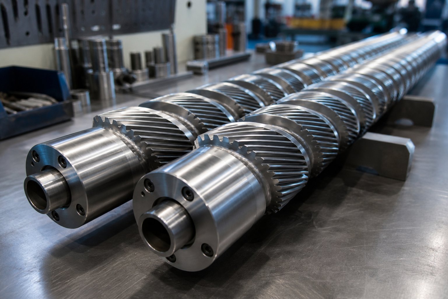 precision ground twin screw extruder shafts with involute spline profiles ready for assembly