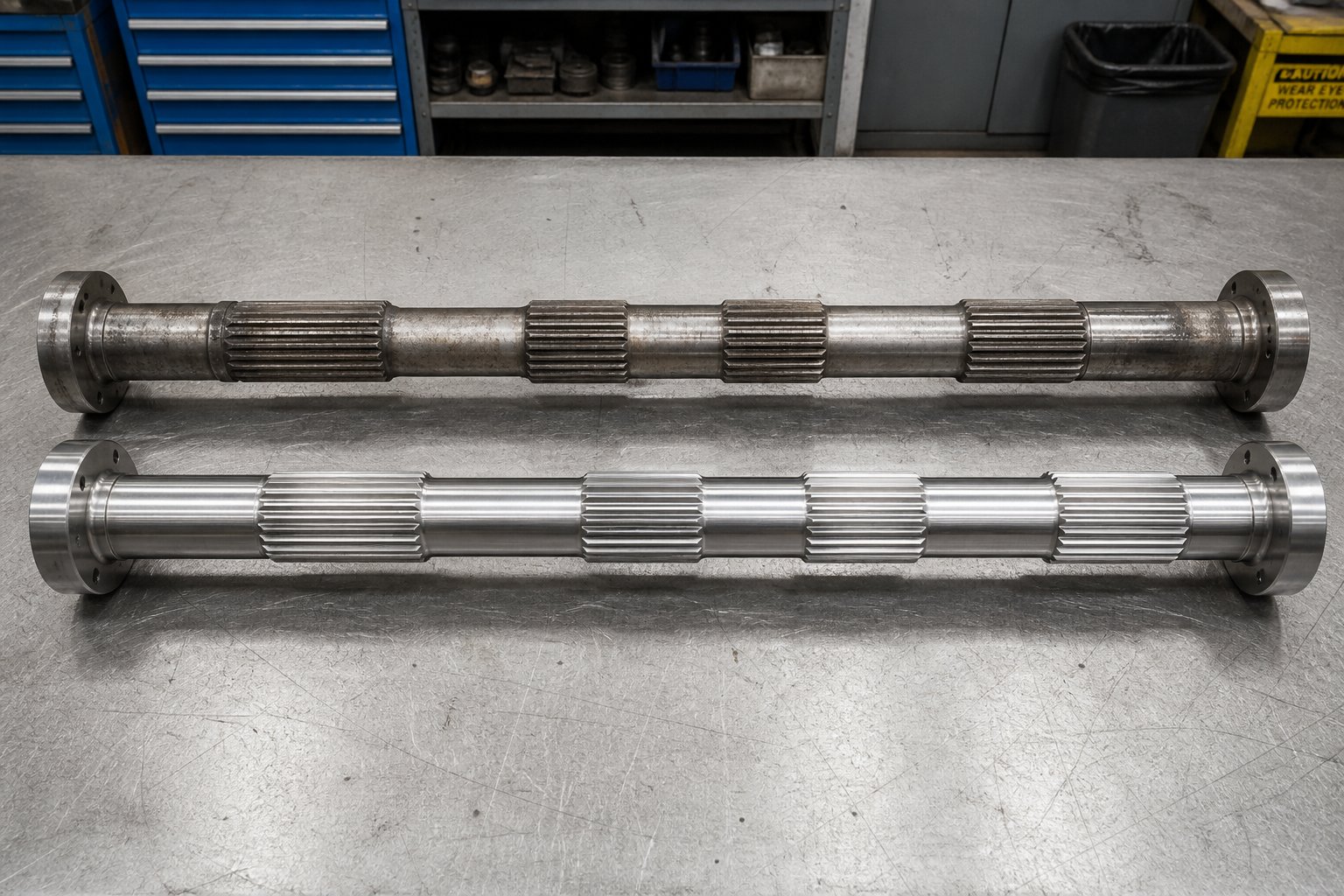 worn extruder shaft alongside a new replacement shaft illustrating the reconditioning vs replacement decision