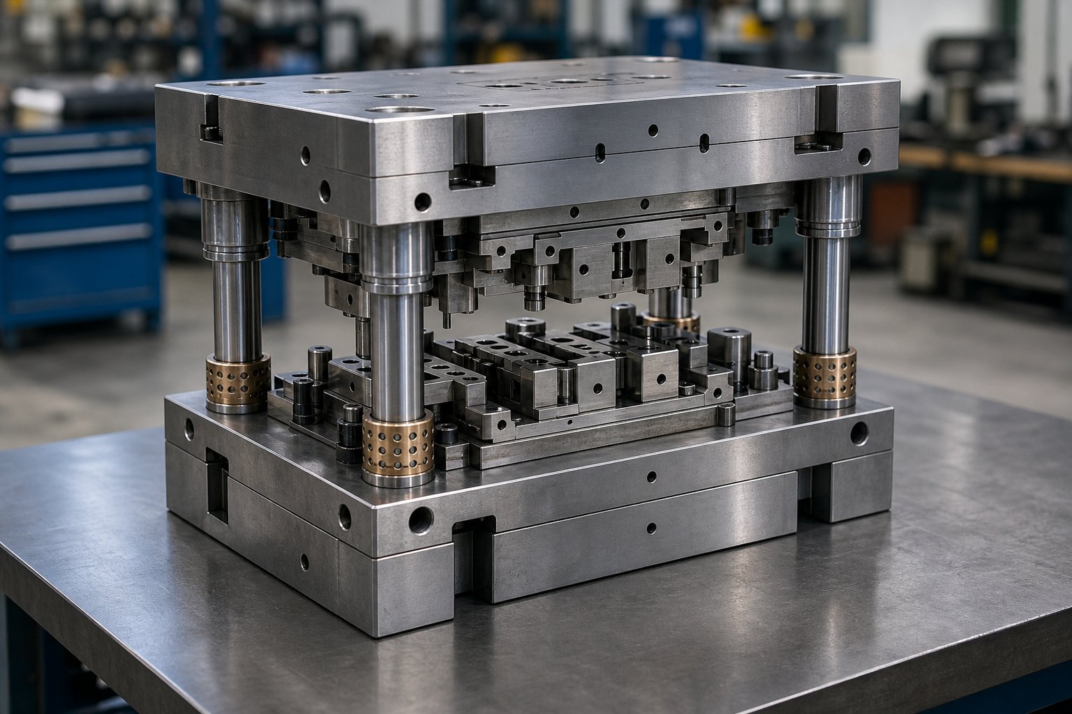 info-1-1 a complete metal stamping die set showing upper and lower shoes connected by precision guide posts and bushings