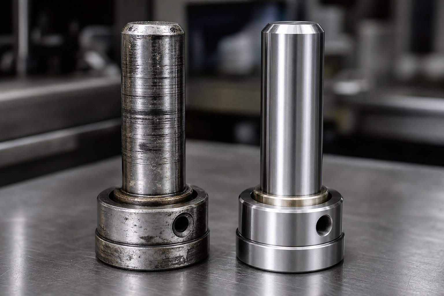 info-1-1 comparison of a worn guide post showing scoring damage alongside a new replacement post during die set maintenance inspection