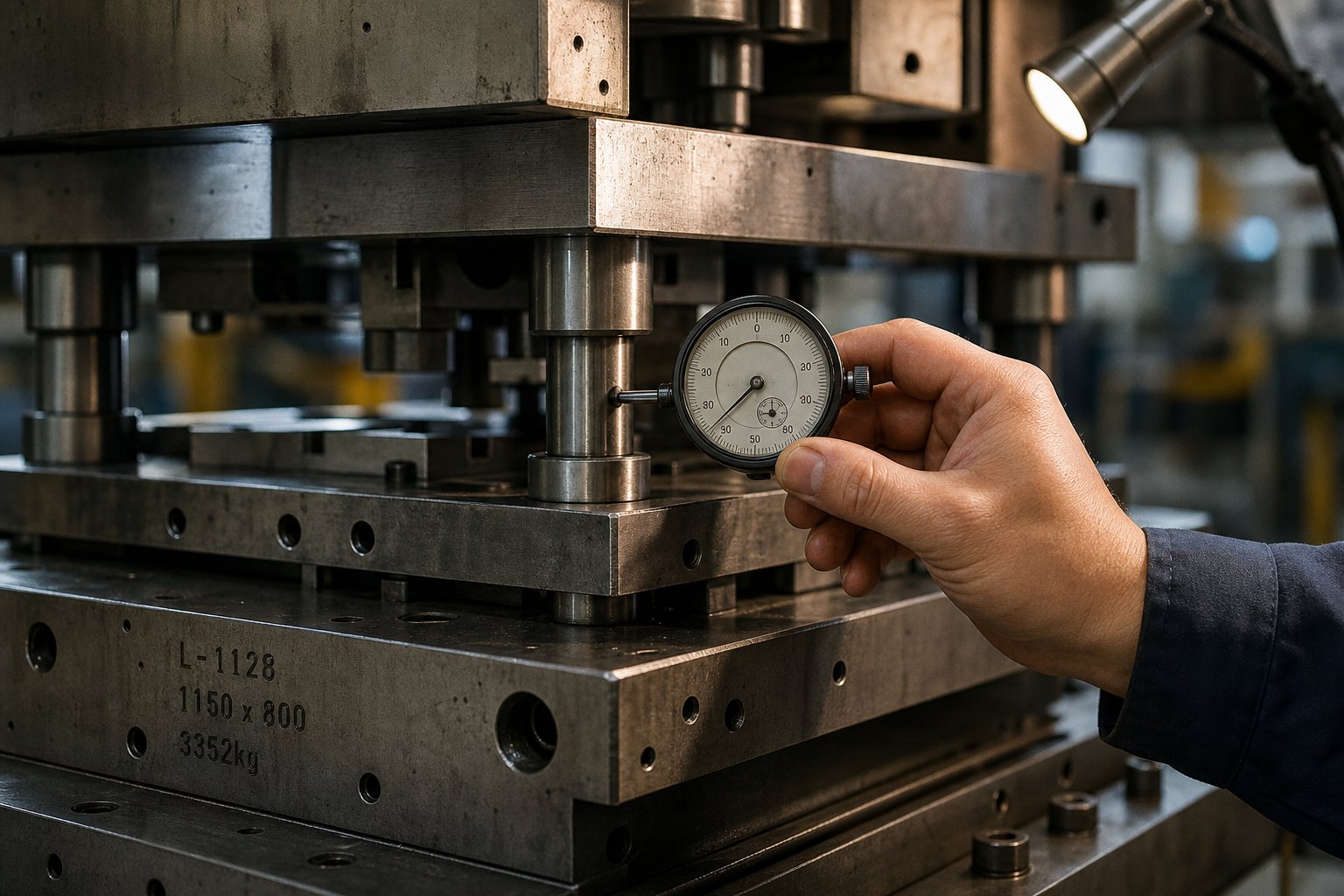 info-1-1 engineer measuring guide post alignment on a die set installed in a stamping press during specification verification