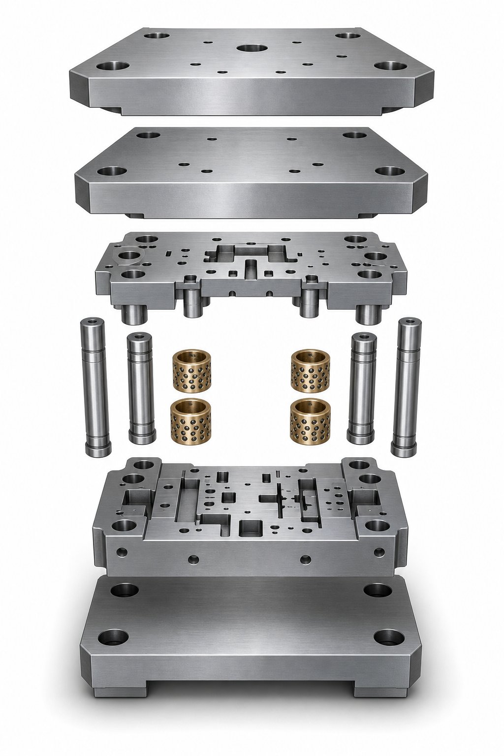 info-1-1 exploded view of a stamping die set showing the upper shoe guide posts bushings punch plate die plate and lower shoe