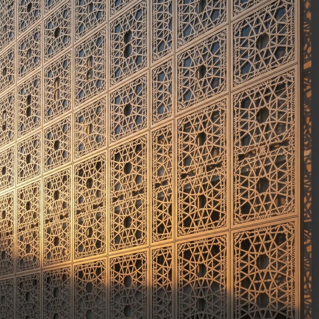 architectural laser cut metal screen creating dynamic shadow patterns
